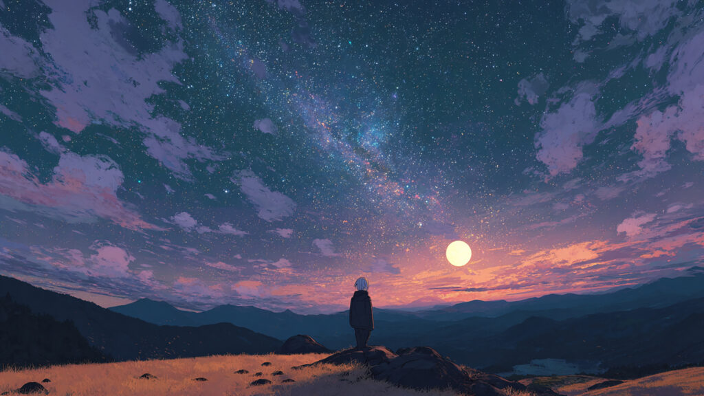 星空と高原の幻想アニメ背景