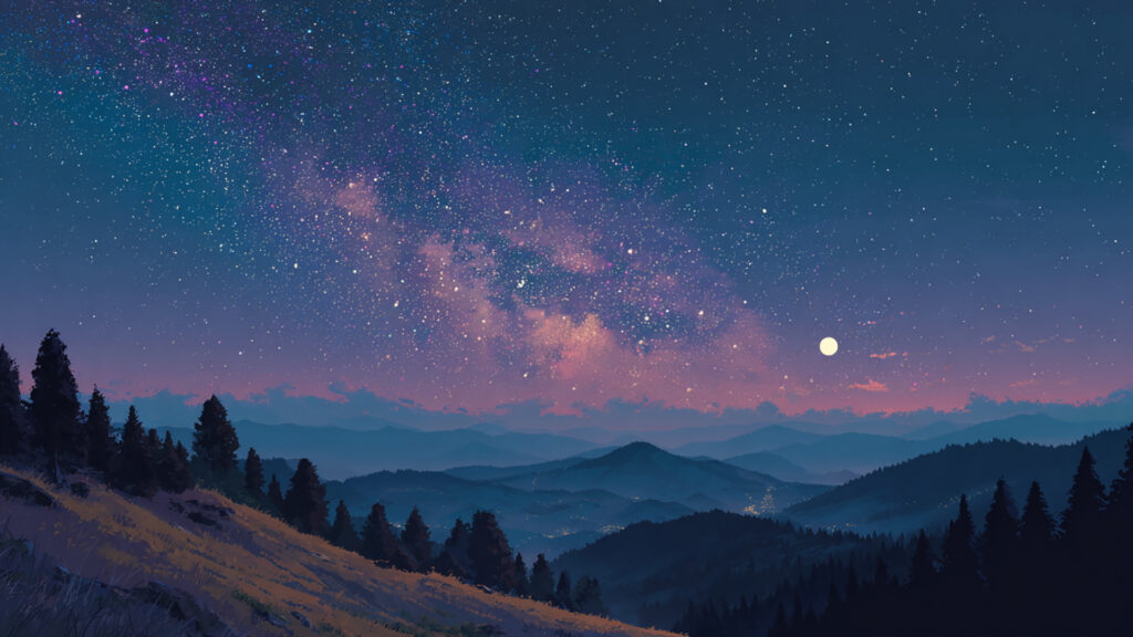 星空と高原の幻想アニメ背景