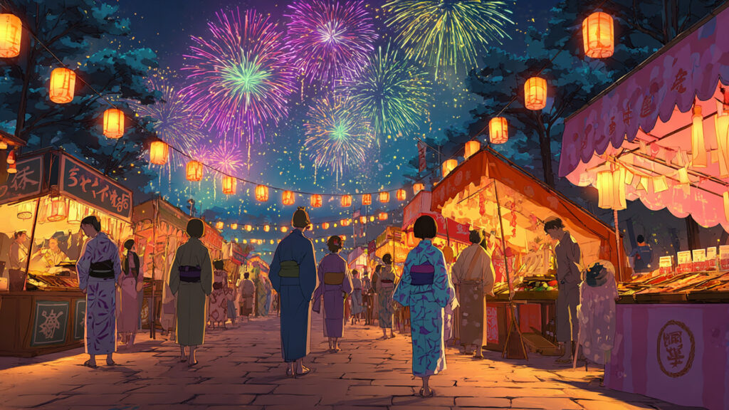 夏祭りの夜と屋台通りのアニメ背景