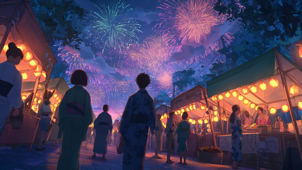 夏祭りの夜と屋台通りのアニメ背景