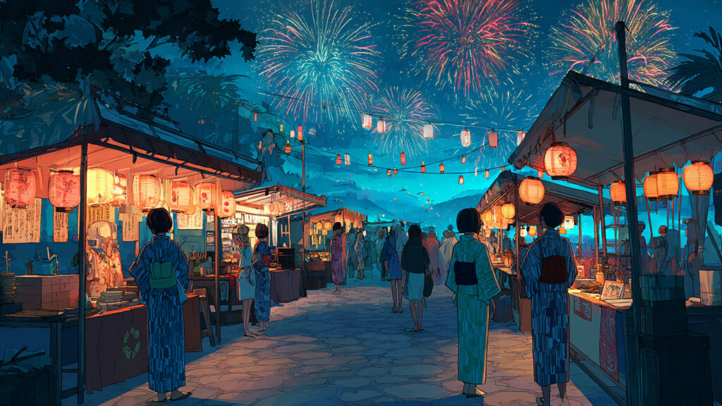 夏祭りの夜と屋台通りのアニメ背景