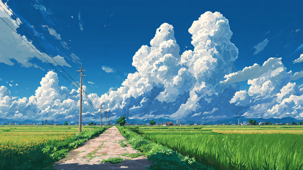 入道雲と田んぼ道の夏空