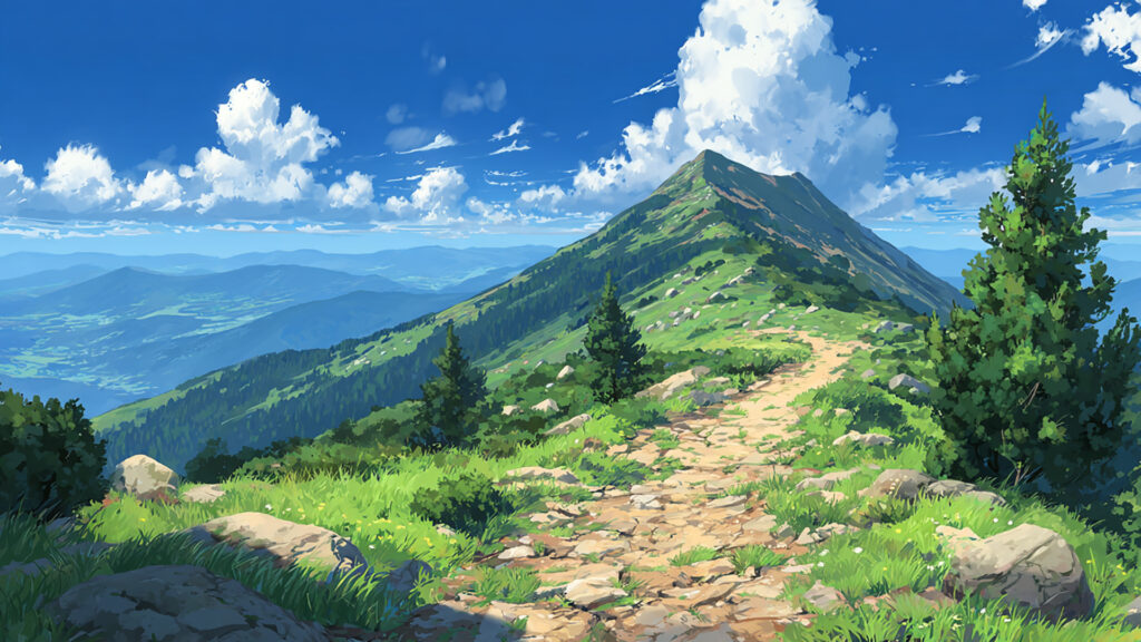 夏の登山道と山頂の眺め
