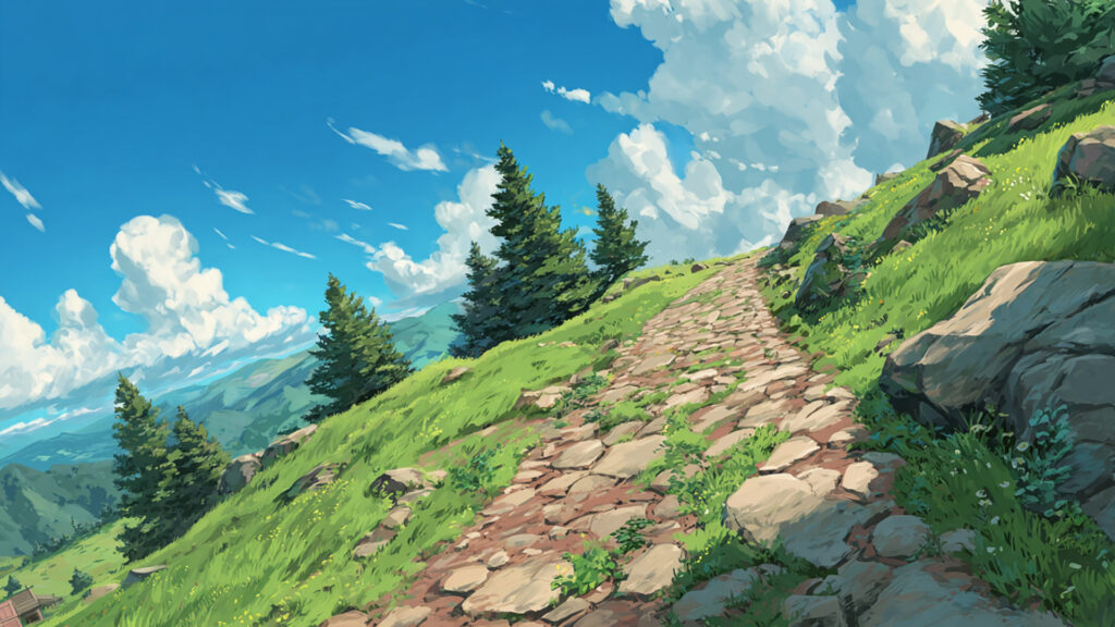 夏の登山道と山頂の眺め