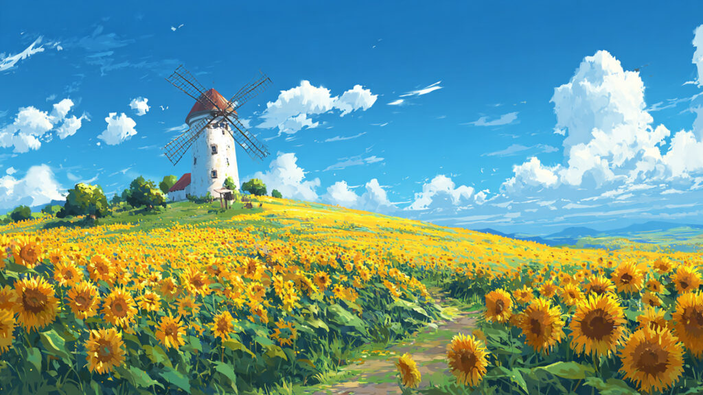 ひまわり畑と風車の丘アニメ風景