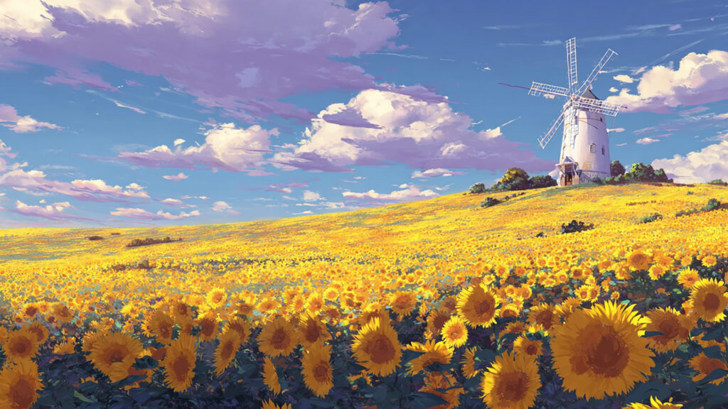 ひまわり畑と風車の丘アニメ風景