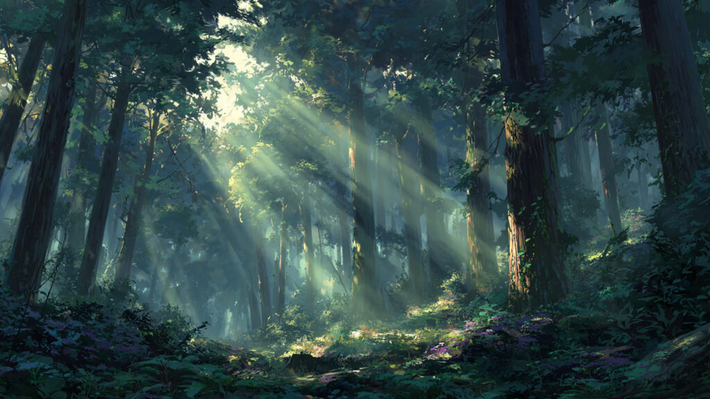 森の木漏れ日のアニメ背景
