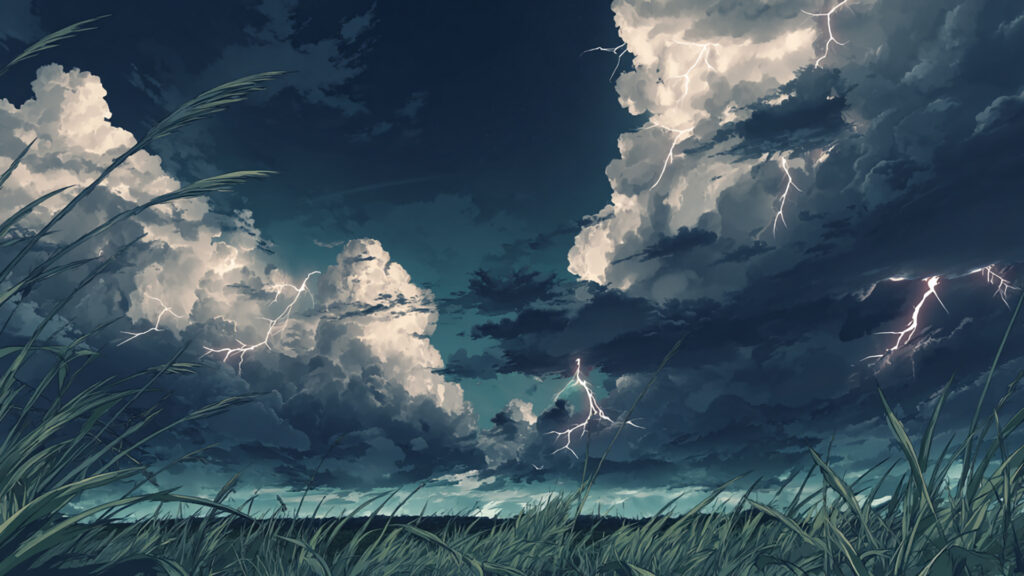 雷雲と稲妻の草原アニメ背景