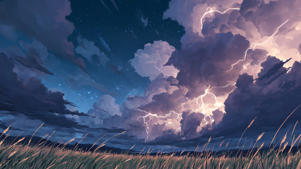 雷雲と稲妻の草原アニメ背景