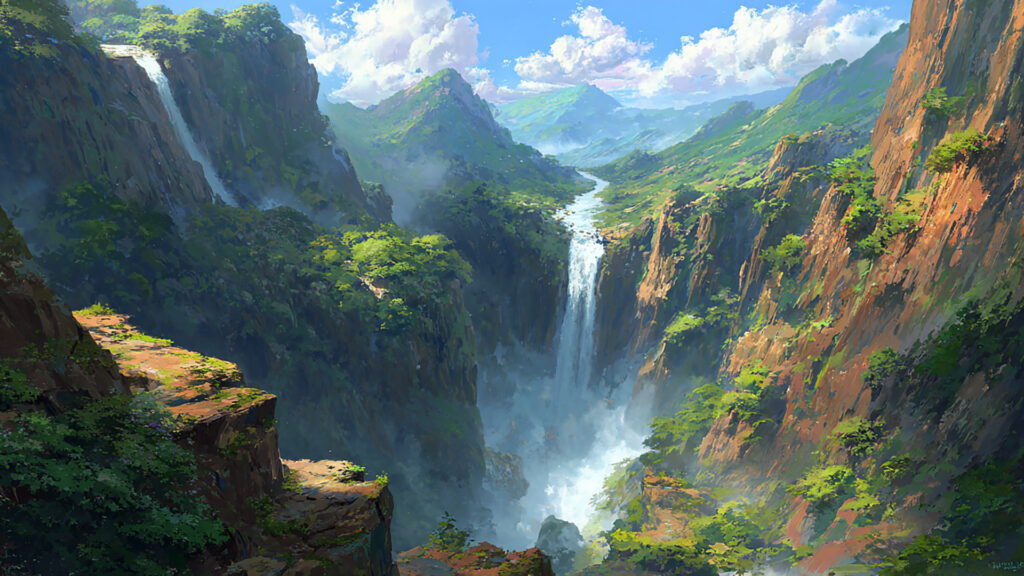 滝と峡谷の壮大なアニメ風景