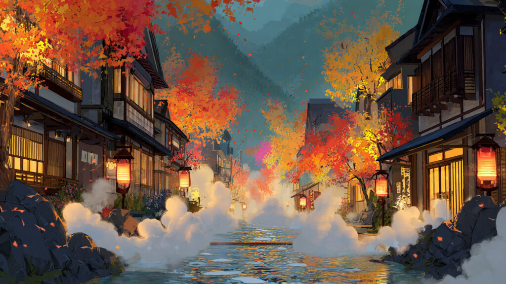 秋の温泉街