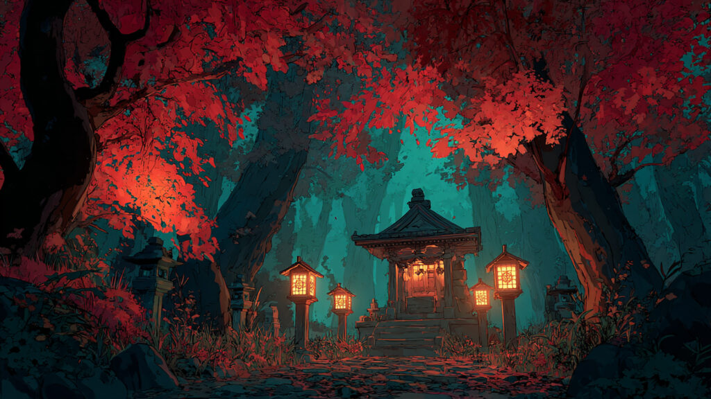 紅葉に囲まれた夜の神社
