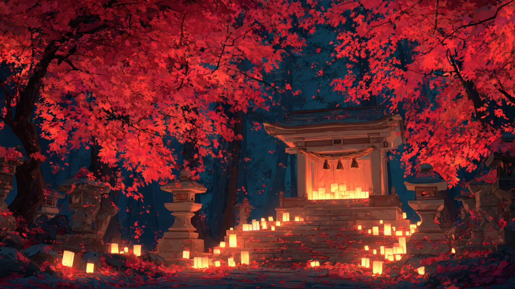 紅葉に囲まれた夜の神社