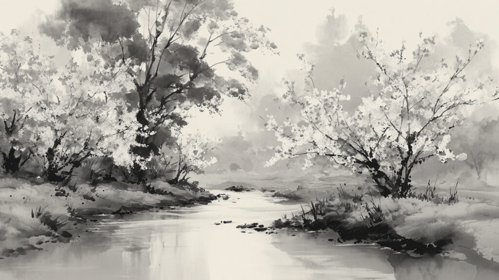 桜と川の水墨背景