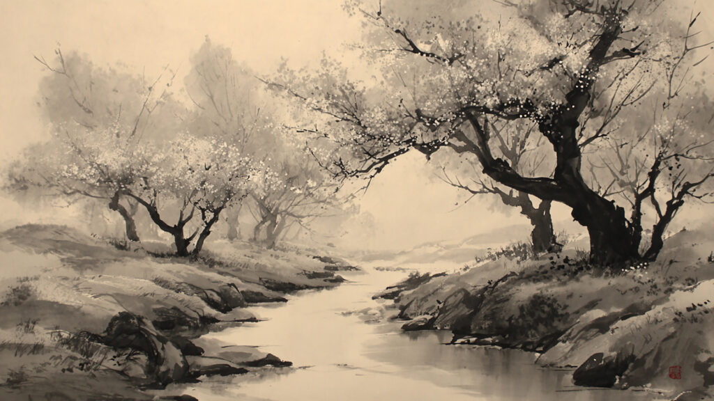 桜と川の水墨背景