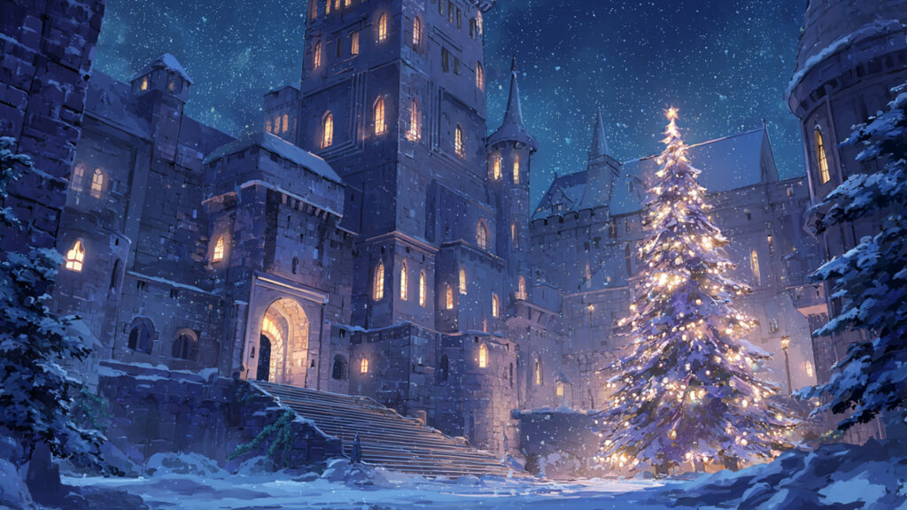 クリスマスの古城｜雪の夜と光