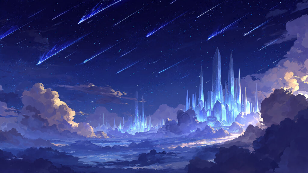 空に浮かぶ都市と流星群｜異世界・天空都市・夜空
