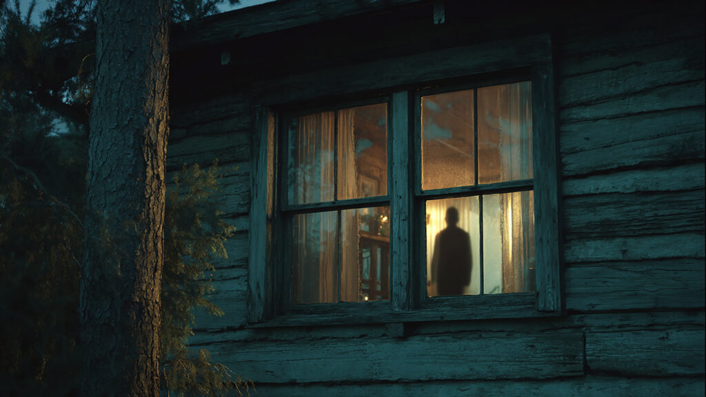 山小屋の窓辺の影