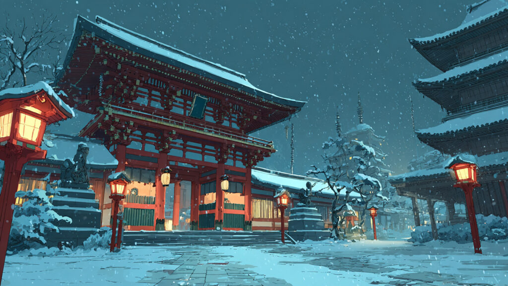 雪の神社と鳥居｜冬の和風シーン
