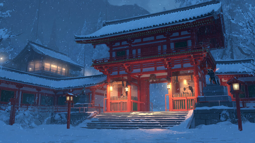 雪の神社と鳥居｜冬の和風シーン