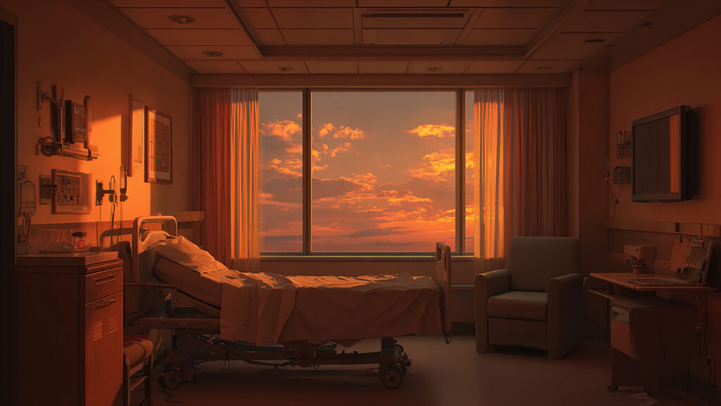 夕焼けの病室窓