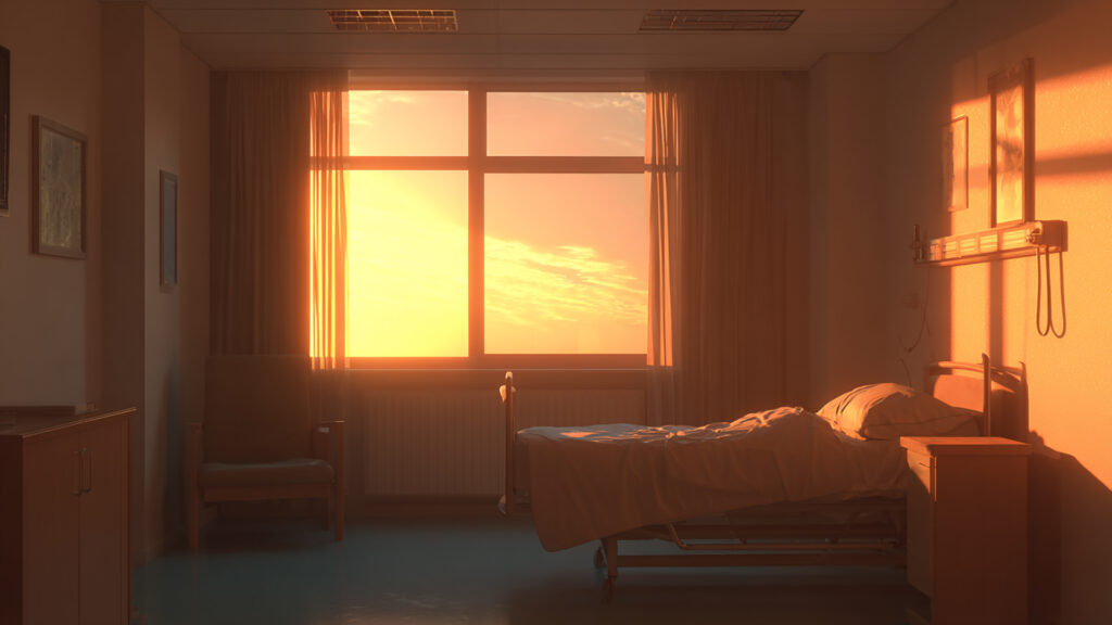 夕焼けの病室窓