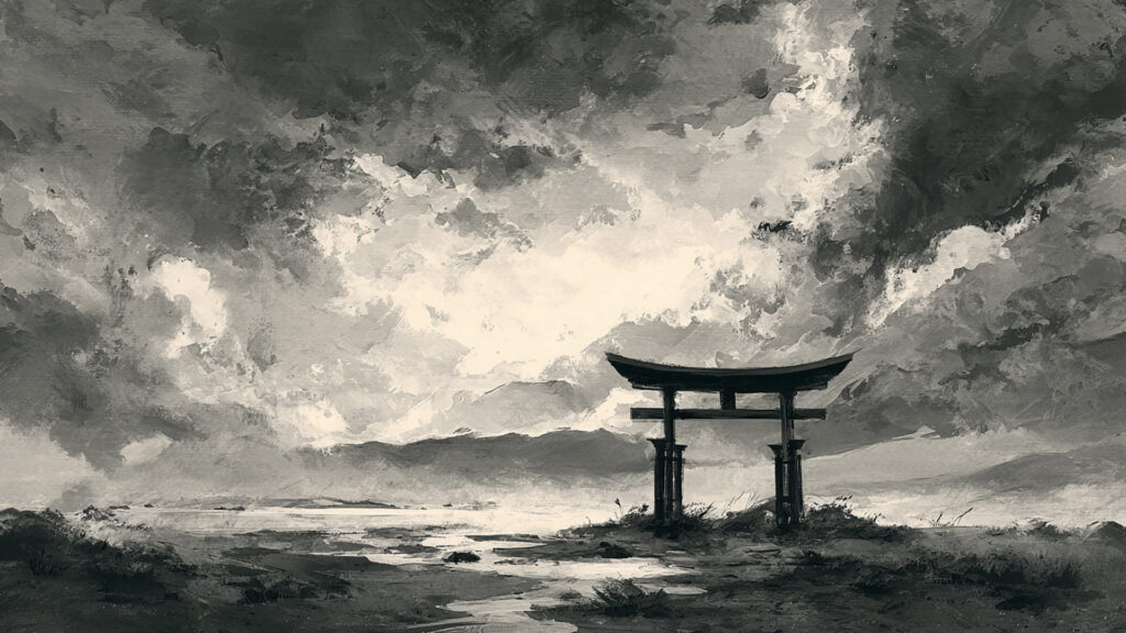 荒野と鳥居の水墨背景