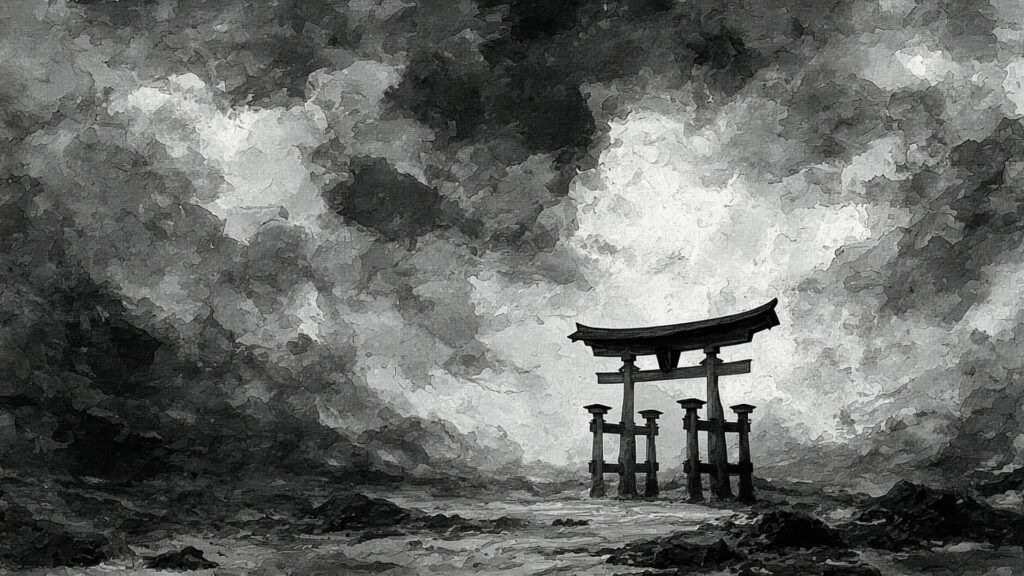 荒野と鳥居の水墨背景