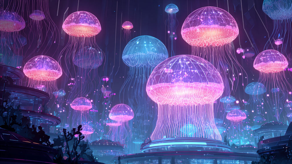 水中サイバー都市の背景イラストのフリー素材