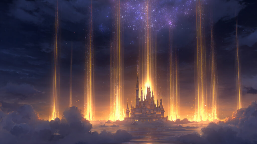 光の柱が貫く天空城