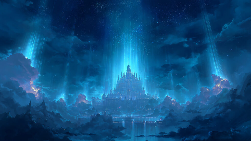 光の柱が貫く天空城の背景イラストのフリー素材