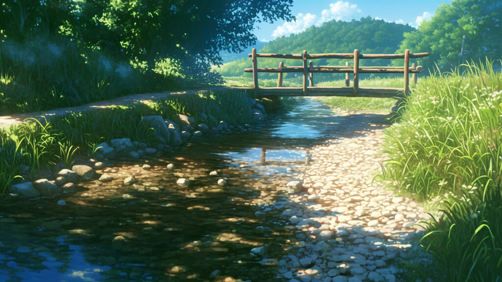 森を流れる清流の背景イラストのフリー素材