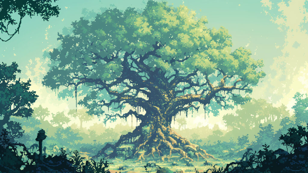 森の中にある一本の巨木｜ドット絵風
