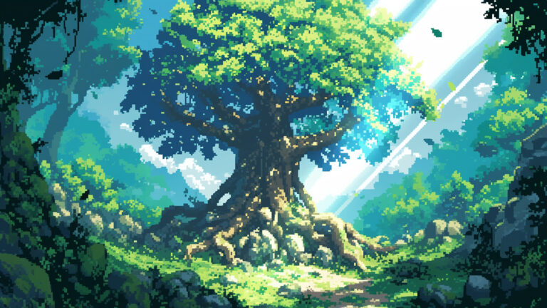【フリー素材】森の中にある一本の巨木｜ドット絵風（16枚）