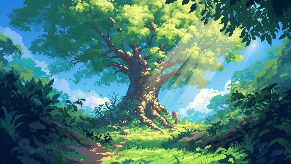 森の中にある一本の巨木｜ドット絵風
