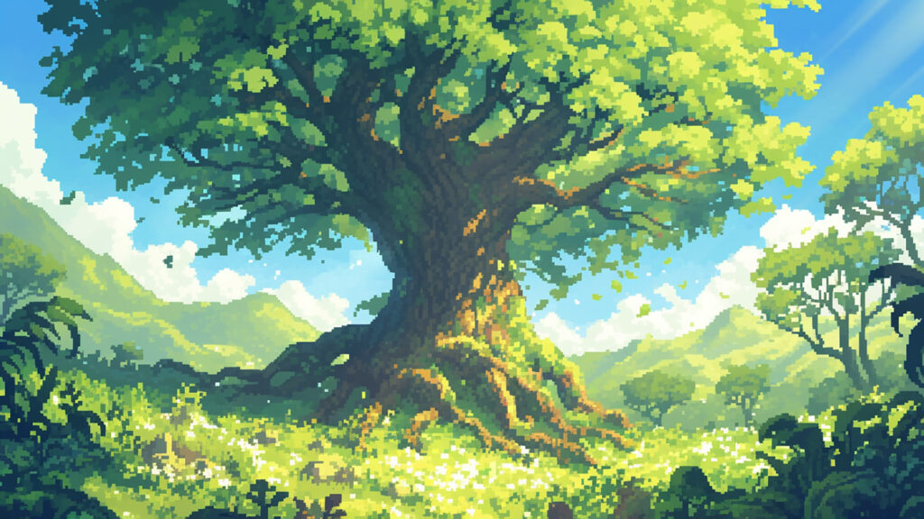 森の中にある一本の巨木｜ドット絵風