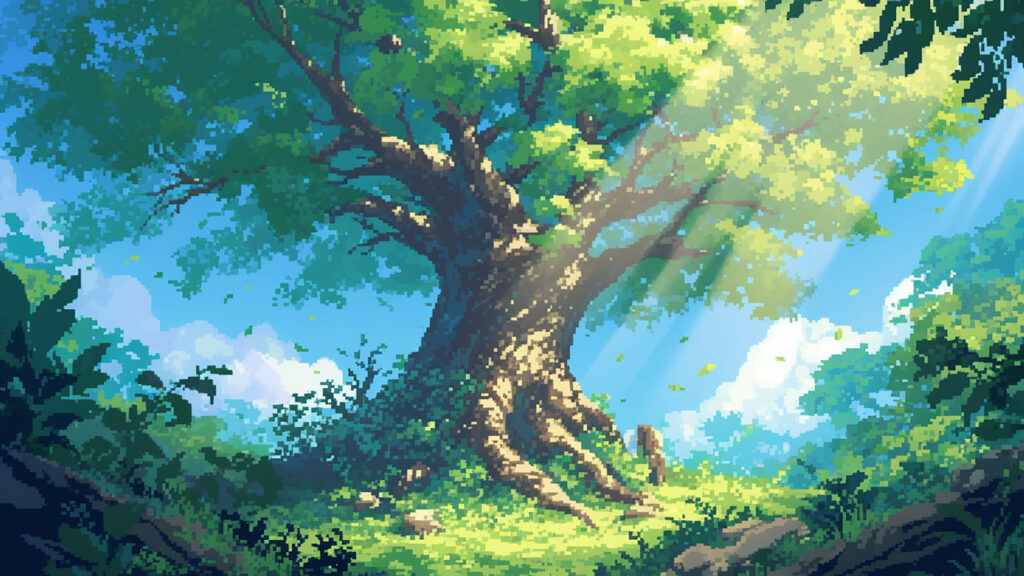 森の中にある一本の巨木｜ドット絵風