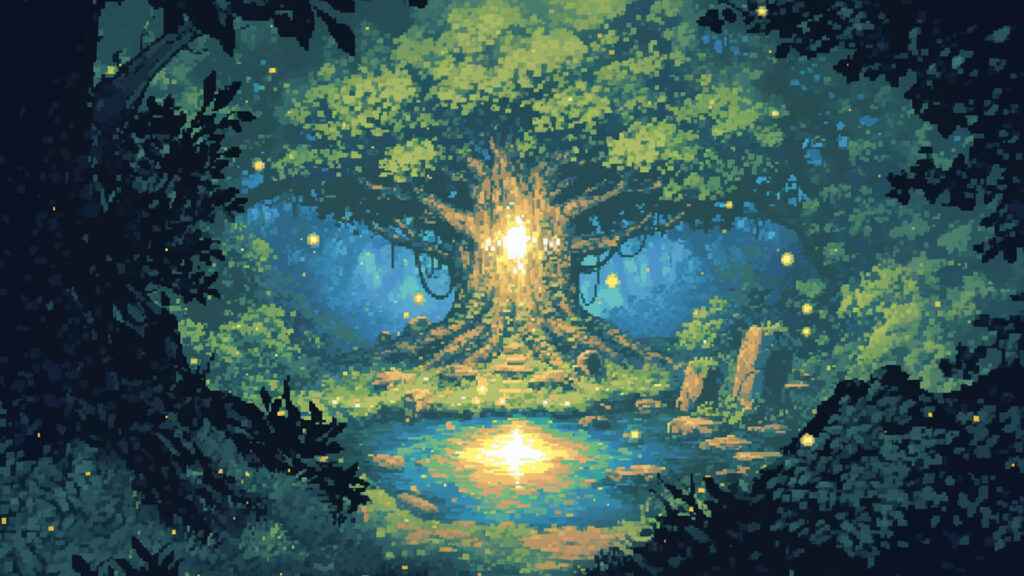 森の中にある一本の巨木｜ドット絵風