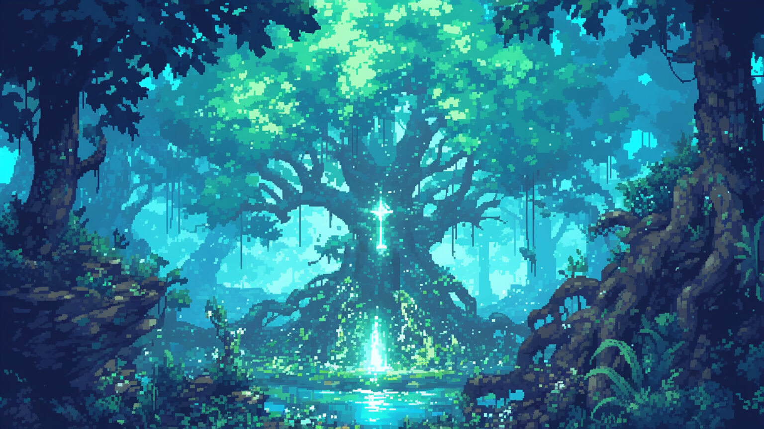 【フリー素材】森の中にある一本の巨木｜ドット絵風（16枚）