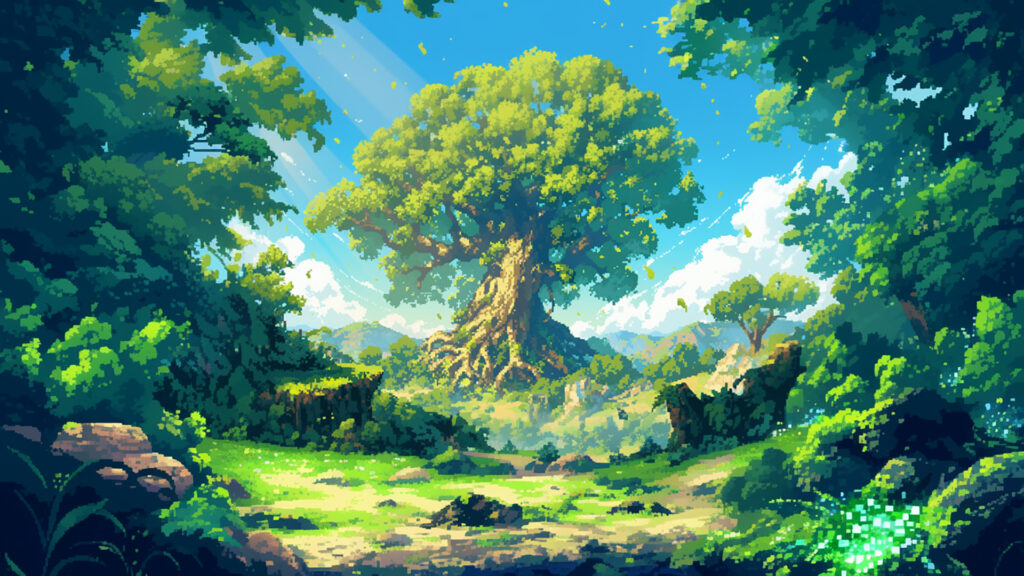 森の中にある一本の巨木｜ドット絵風