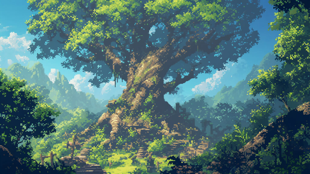 森の中にある一本の巨木｜ドット絵風