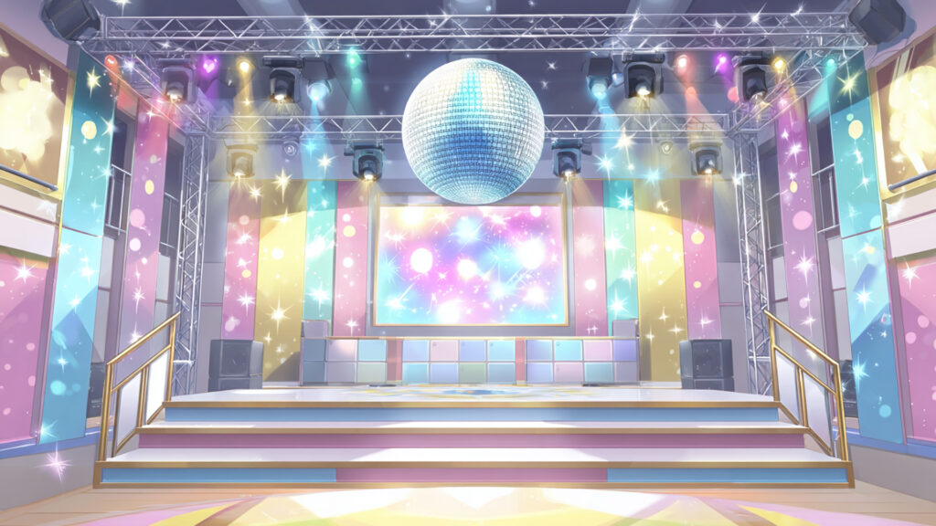 ミラーボールが輝くステージの背景イラストのフリー素材