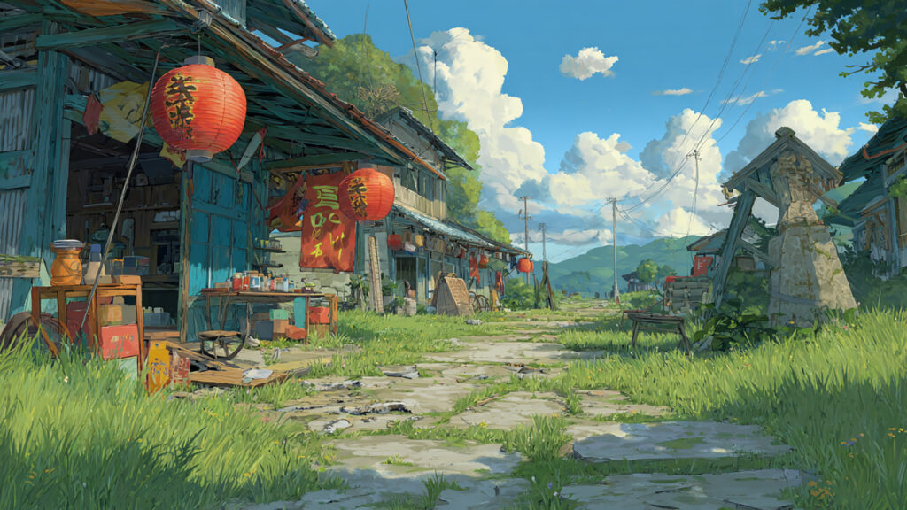 夏祭りの廃村｜壊れた提灯と荒れた屋台