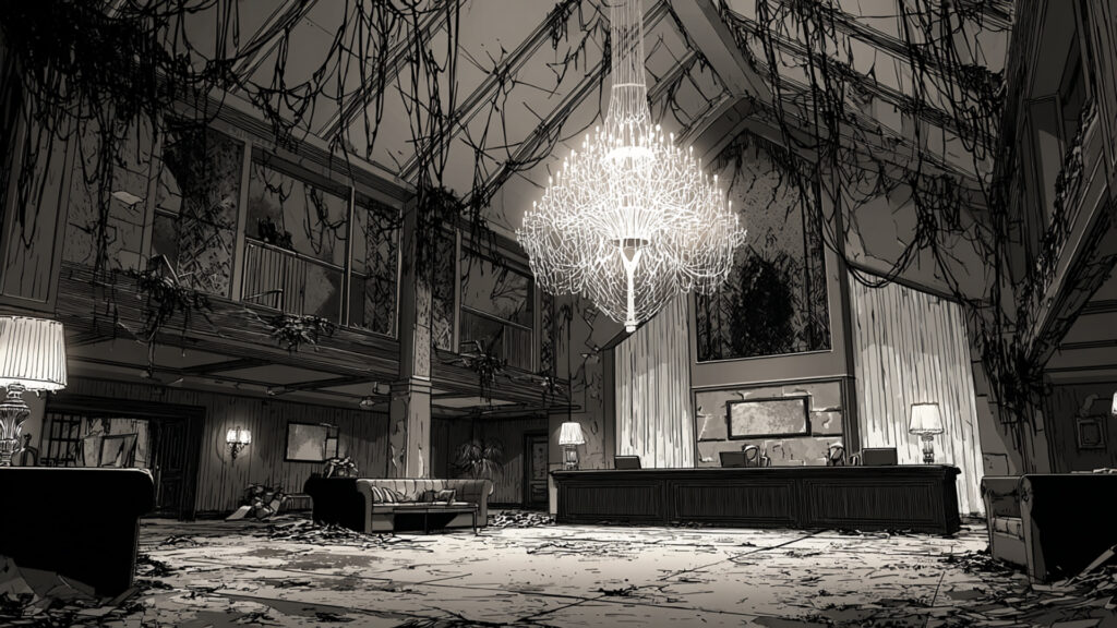 廃墟化したホテルのロビー