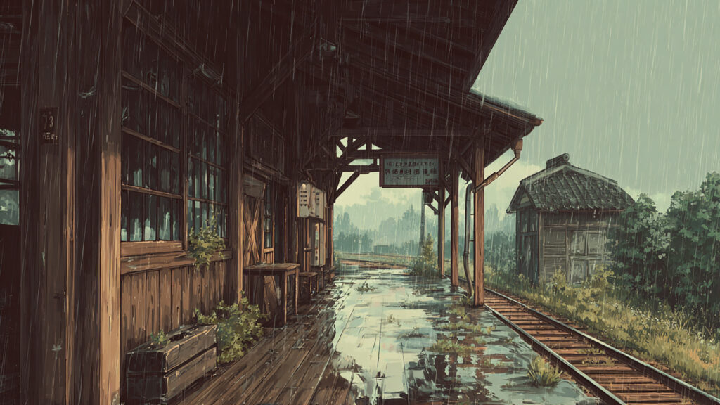 梅雨の廃駅｜濡れたホームと静寂