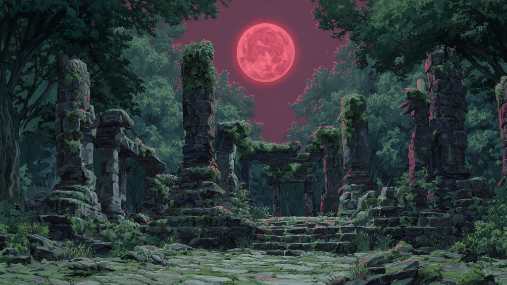 森の古代遺跡と月食｜異世界・神秘・ダークファンタジー