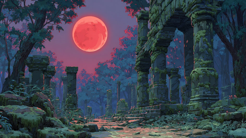 森の古代遺跡と月食｜異世界・神秘・ダークファンタジー
