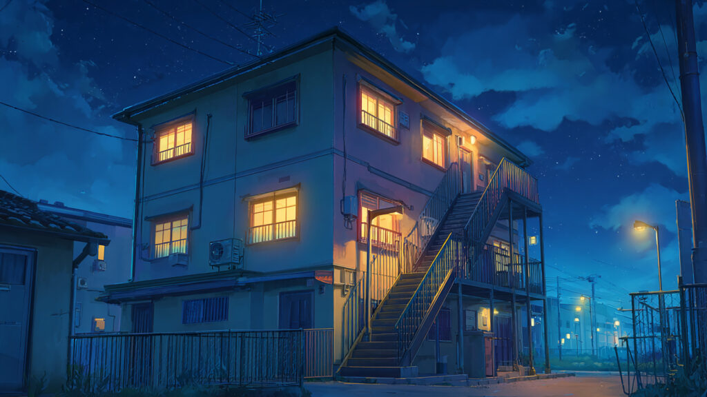 アパートの外観｜昼・夕方・夜