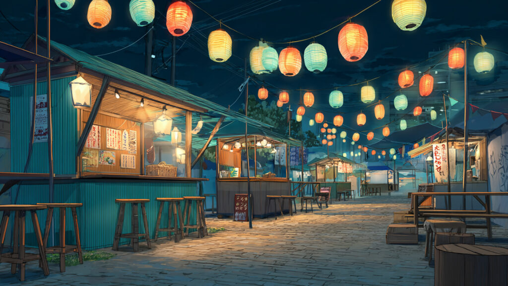 夏祭りの屋台裏｜夜風と提灯