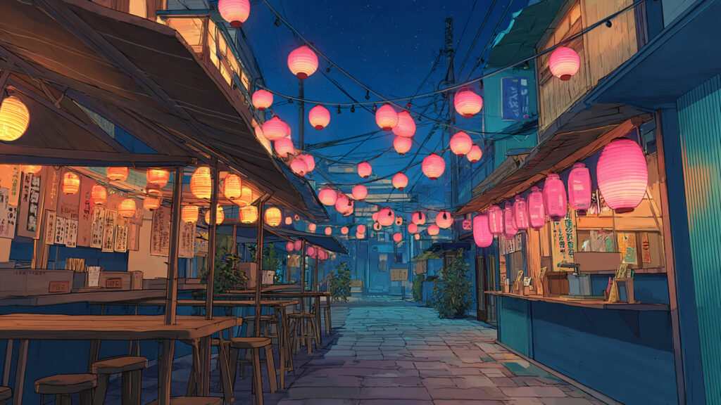 夏祭りの屋台裏｜夜風と提灯
